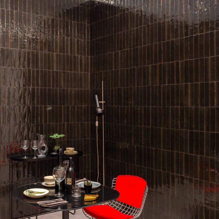 Modern Opulence Black Reflective Tiles in Chic Dining Space | Material Depot