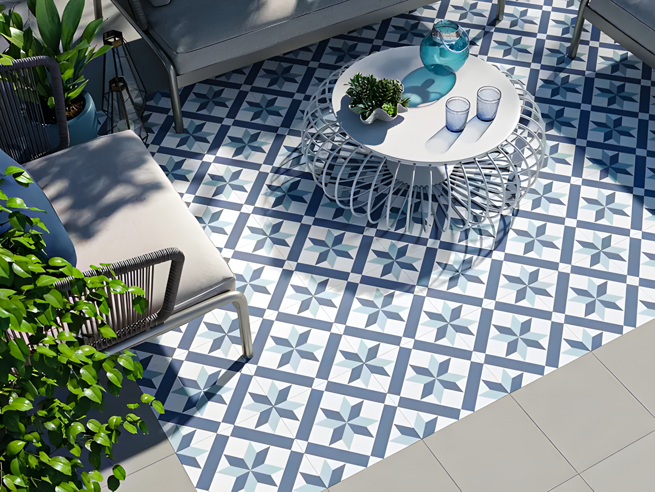 Modern Outdoor Living Space with Geometric Patterned Tiles | Material Depot