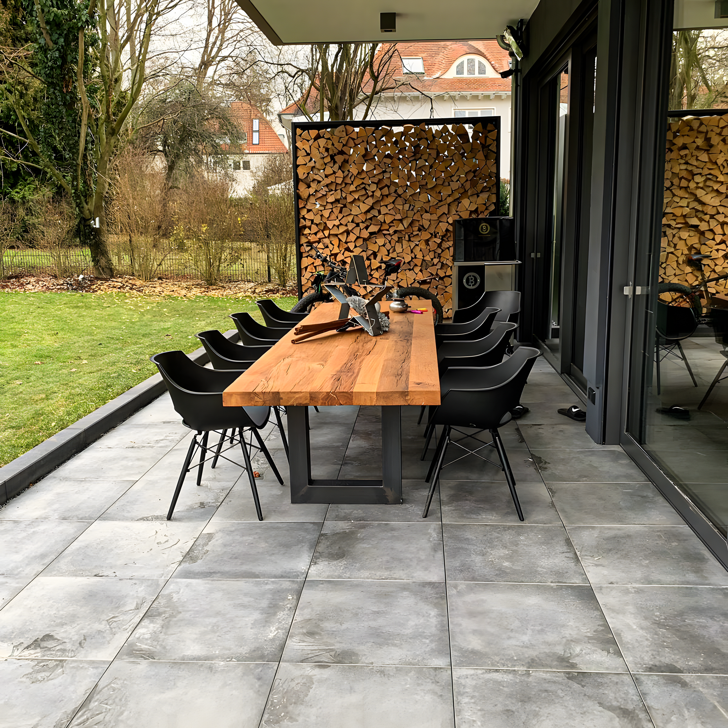 Modern Outdoor Living Space with Gray Porcelain Tiles | Material Depot