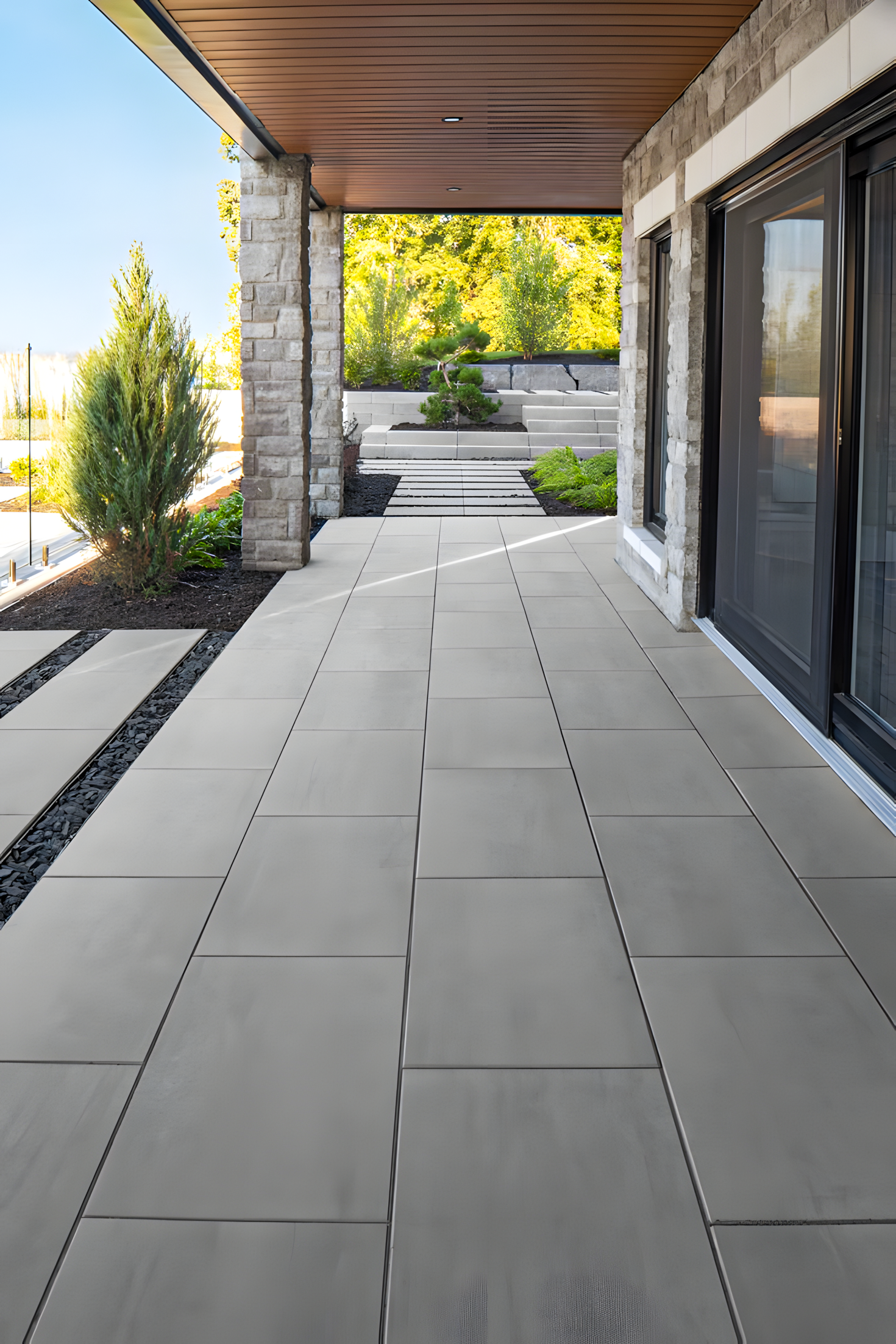 Modern Outdoor Living Space with Gray Porcelain Tiles | Material Depot