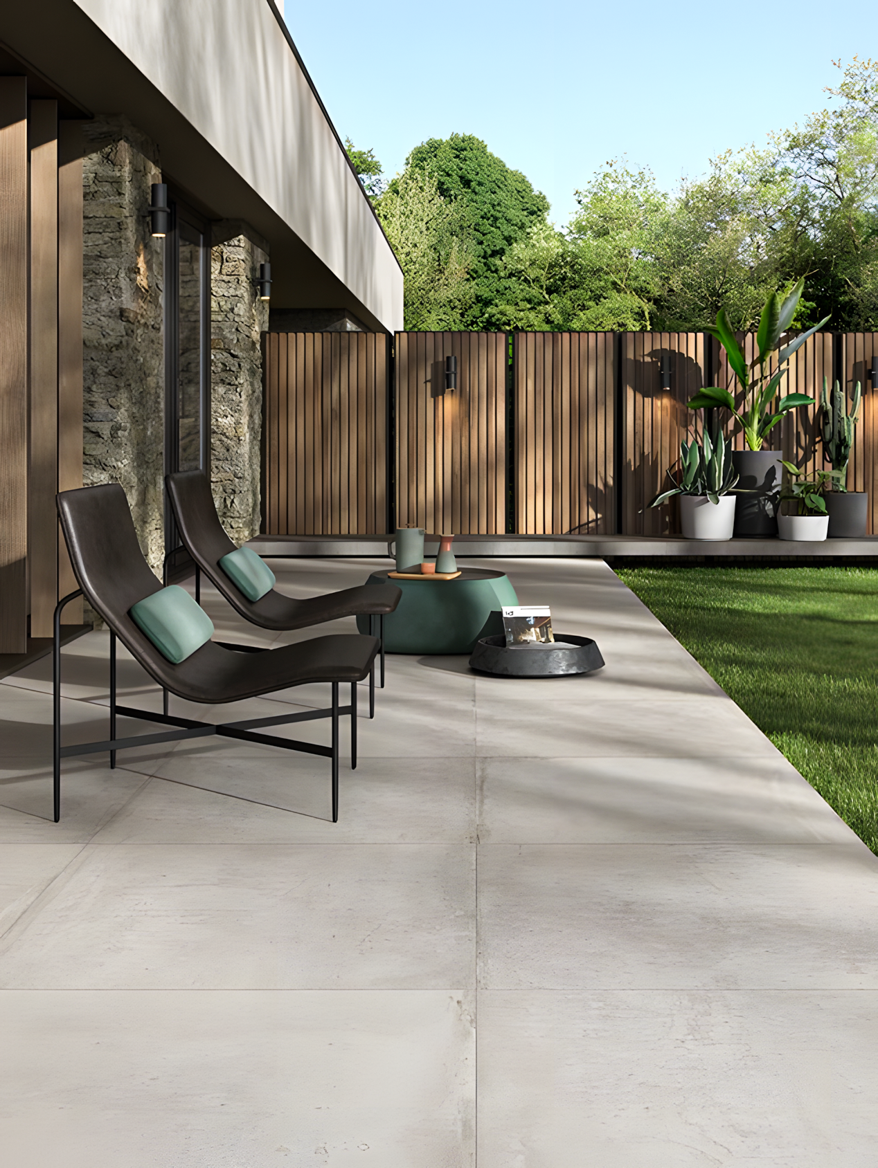 Modern Outdoor Living Space with Gray Porcelain Tiles | Material Depot