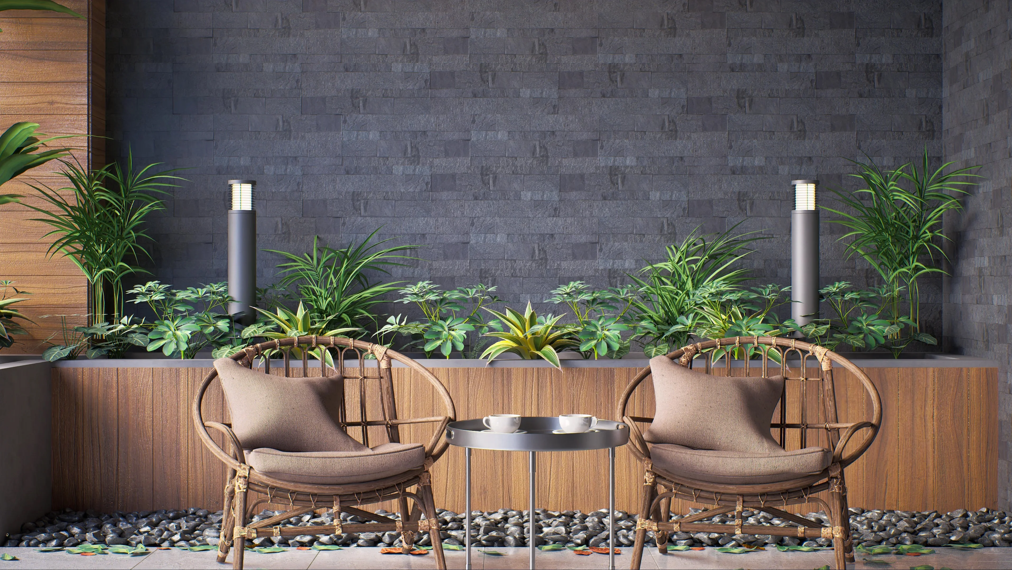 Modern Outdoor Seating Area with planters in stone cladding backdrop | Material Depot