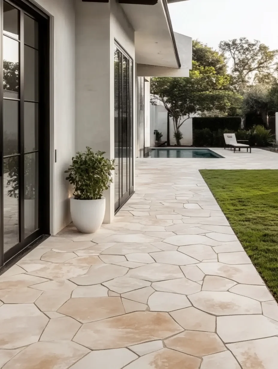 Modern Outdoor Walkway with Beige Organic Stone Tiles and Poolside View | Material Depot