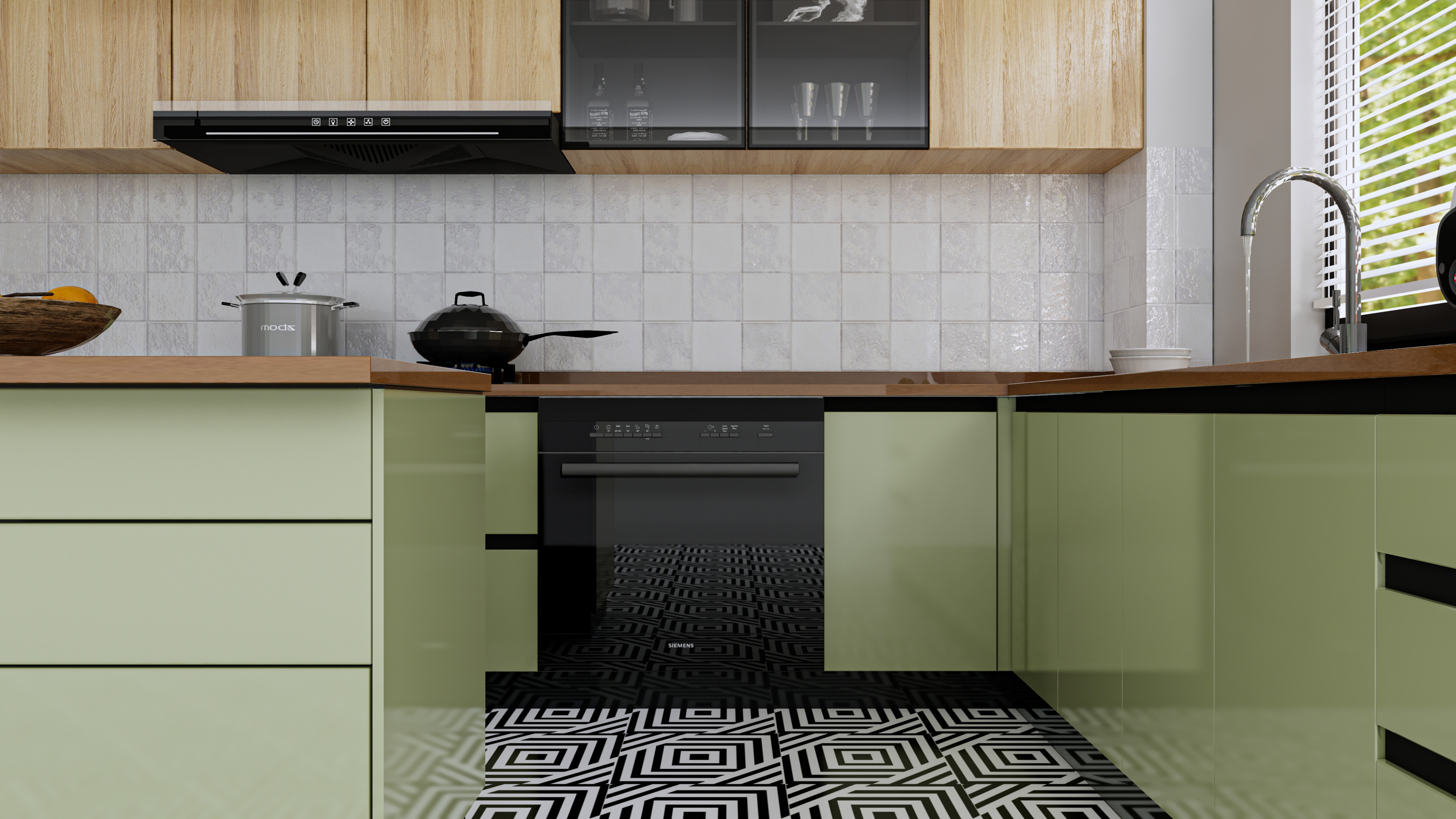 Modern Pastel Green Kitchen with Geometric Floor | Material Depot