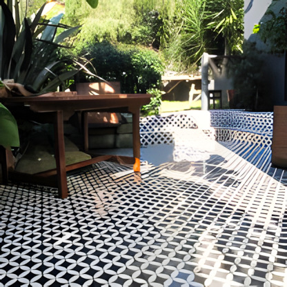 Modern Patio with Patterned Tiles and Outdoor Furniture | Material Depot