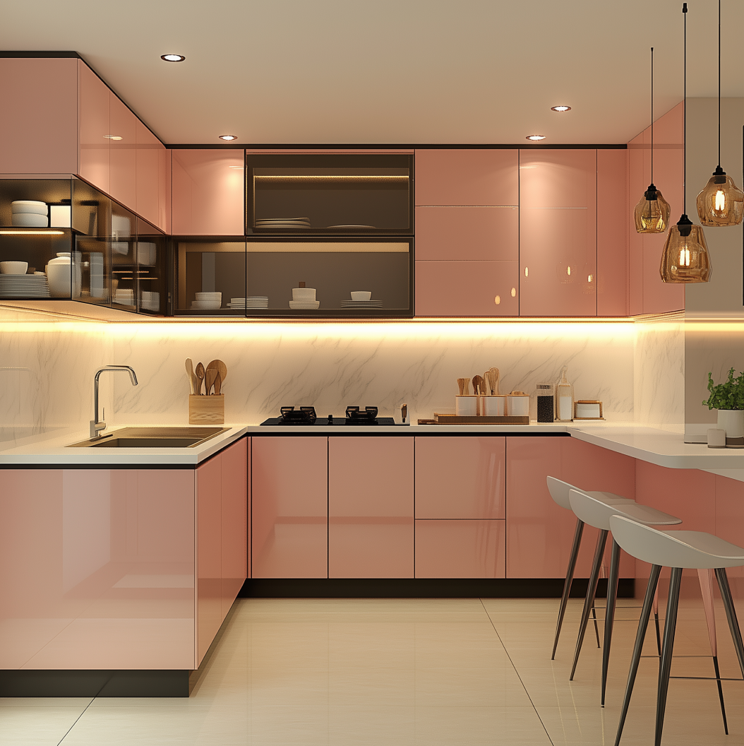 Modern Pink Glossy Kitchen with Marble Backsplash and Pendant Lights | Material Depot