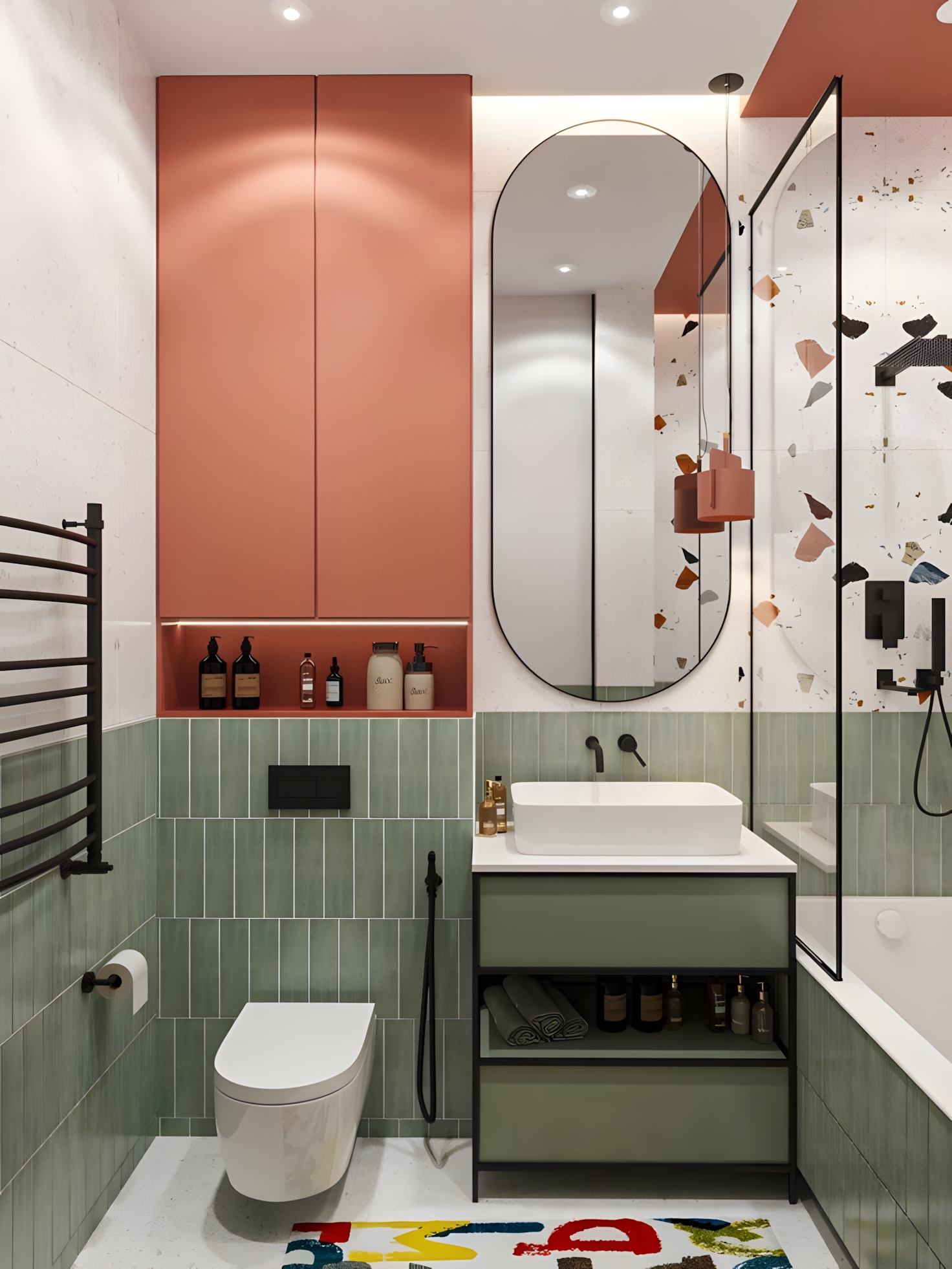 Modern Playful Bathroom with Coral and Sage Green Tile Harmony | Material Depot