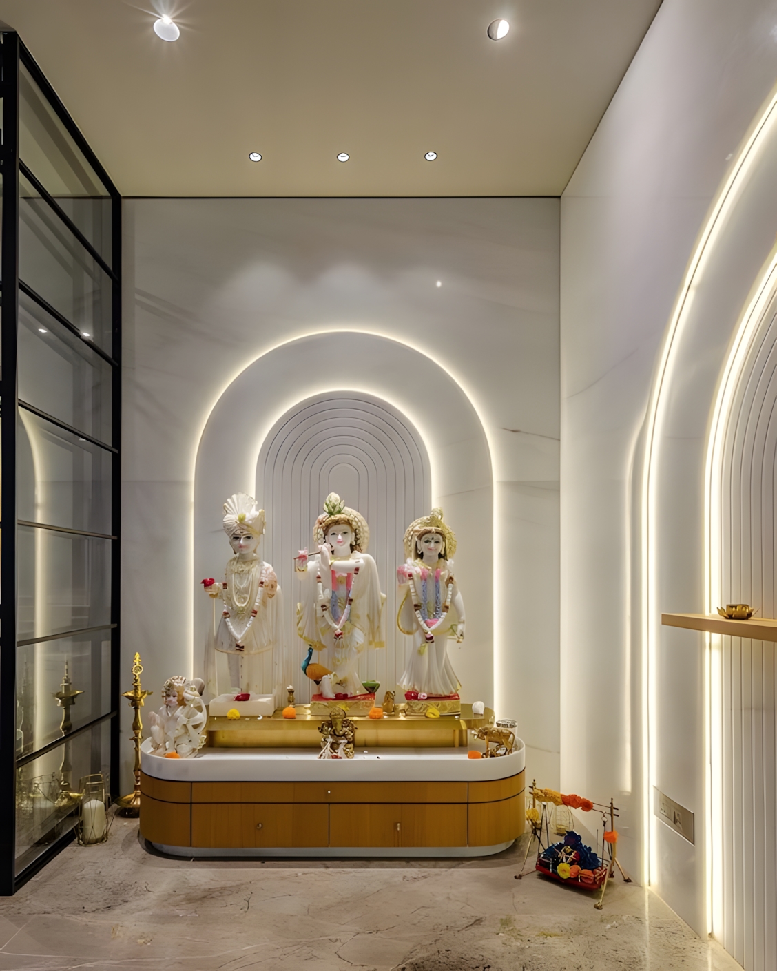 Modern Pooja Room with Elegant Marble and Arch Design | Material Depot