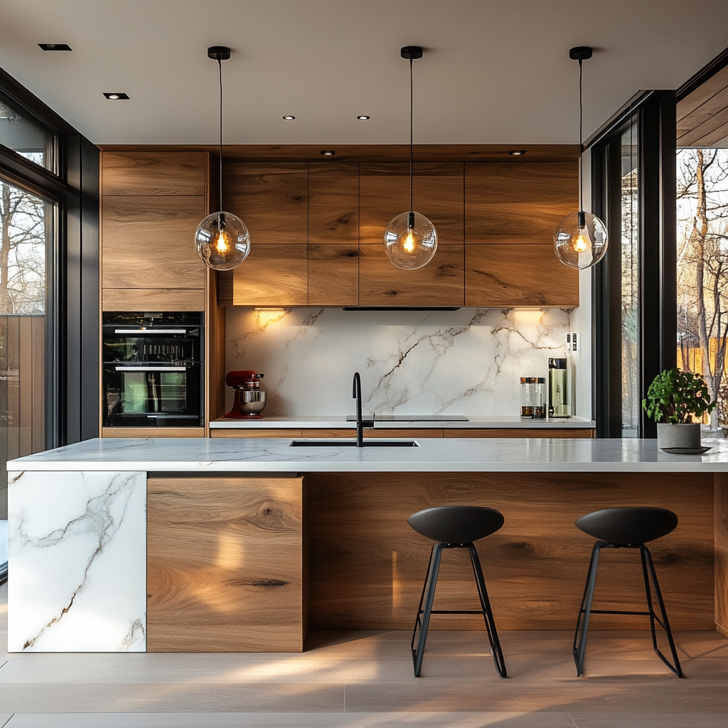 Modern Rustic Charm: Striking Kitchen Design with Wood and Marble Elements | Material Depot