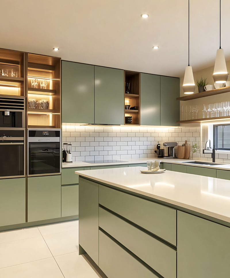 Glossy Island Kitchen with Dark Accents and Floor-to-Ceiling Windows | Material Depot