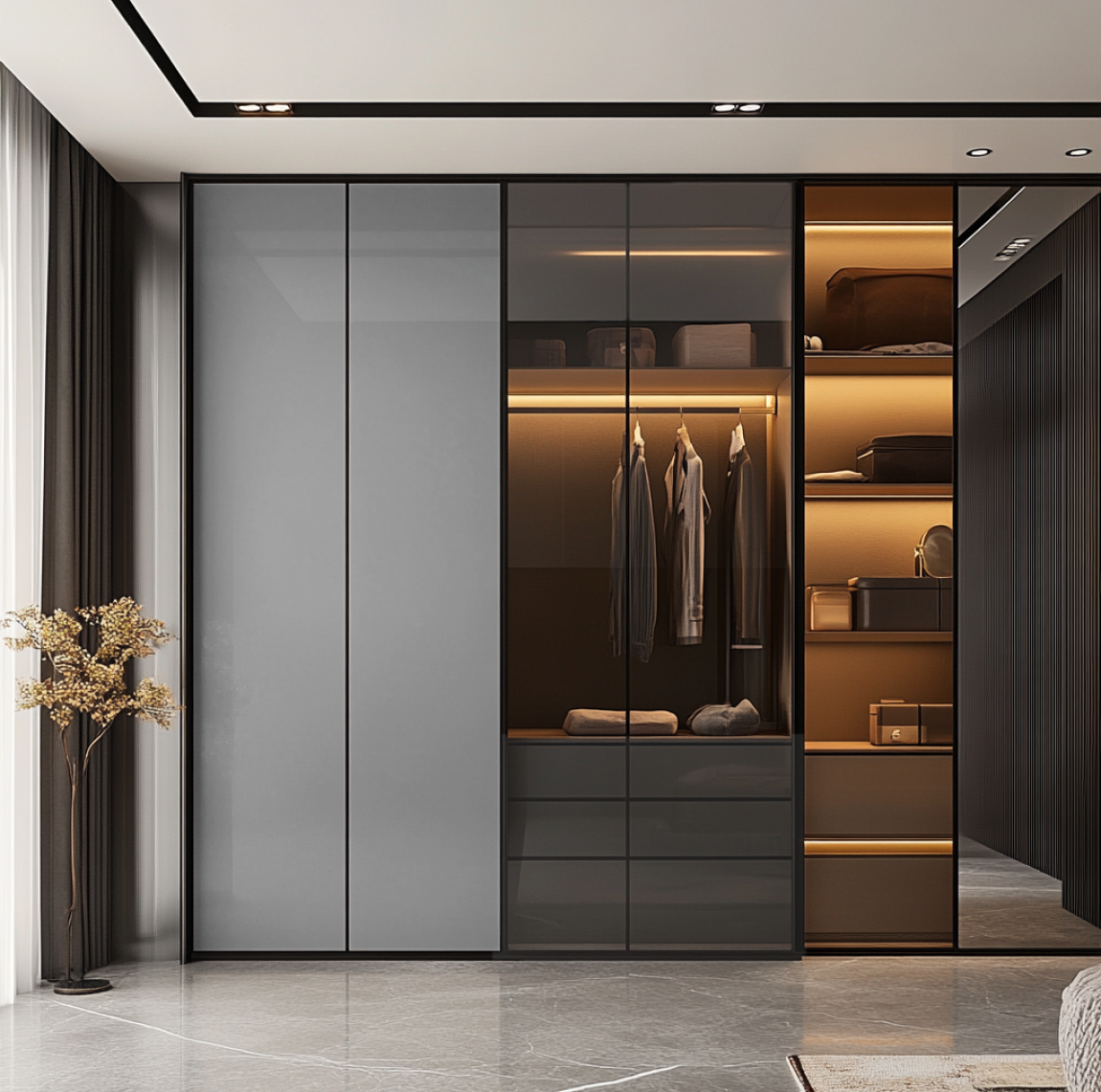 Modern Sliding Wardrobe with Grey Laminate and Glass Panels in Master Bedroom | Material Depot