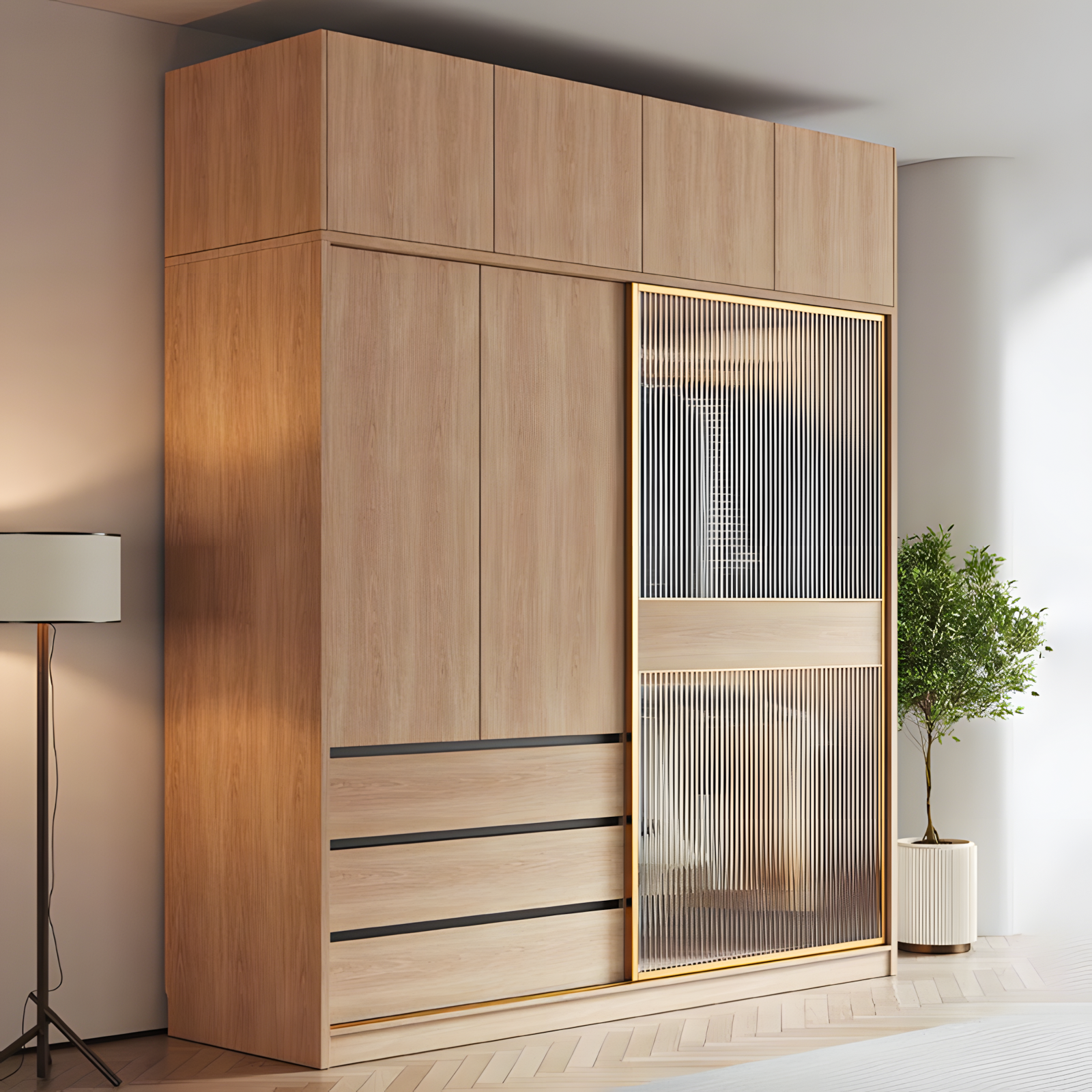 Modern Sliding Wardrobe with Glass Accent | Material Depot