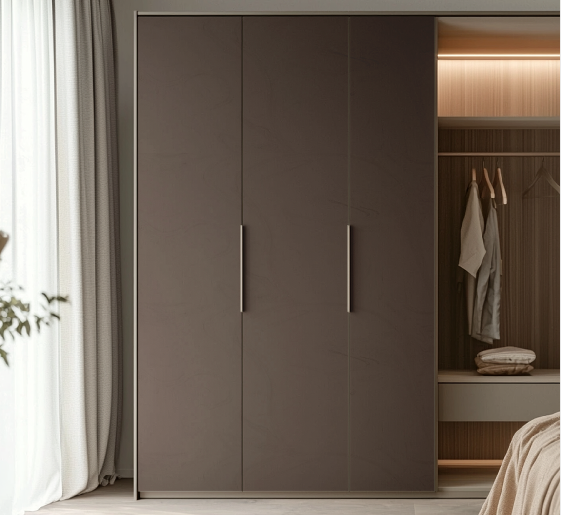 Modern Taupe Matte Wardrobe with Soft Lighting for a Cozy Bedroom | Material Depot