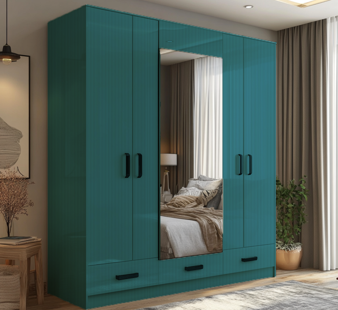 Modern Teal Fluted Acrylic Wardrobe with Mirror Panel and Sleek Handles | Material Depot