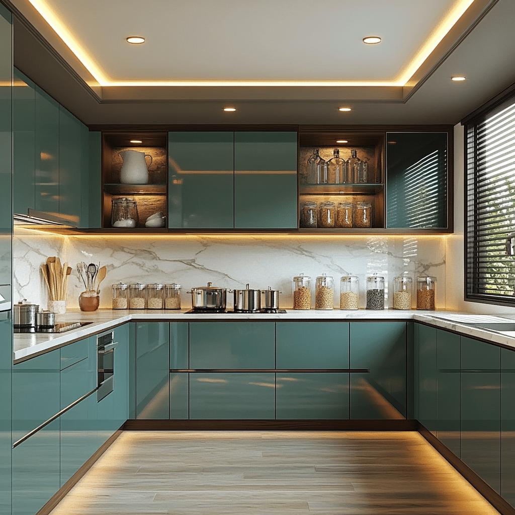 Modern Teal Kitchen Featuring Integrated Lighting and Wooden Accent Shelving | Material Depot