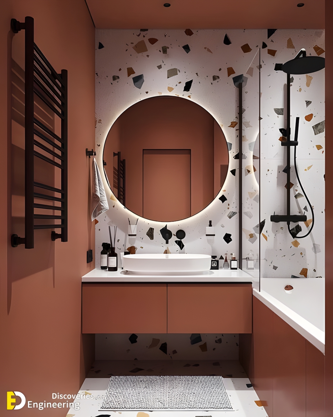 Modern Terrazzo Flair: Peach and Charcoal Accents in a Stylish Bathroom Space | Material Depot