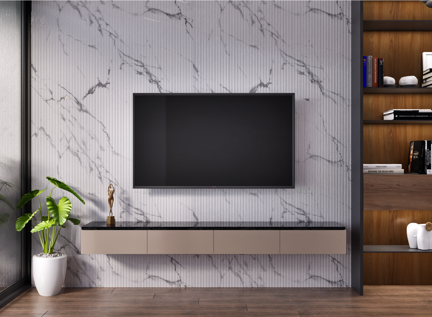 Modern TV Unit with Fluted Marble Panels and Sleek Storage | Material Depot