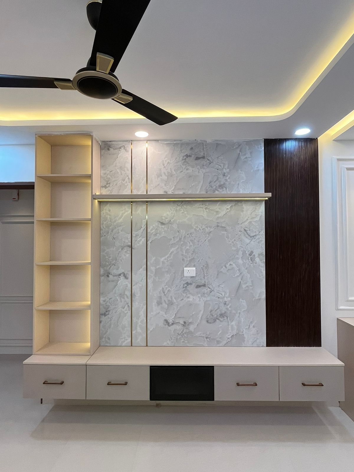 Modern TV Unit with Marble and Wooden Louvre in Bengaluru | Material Depot