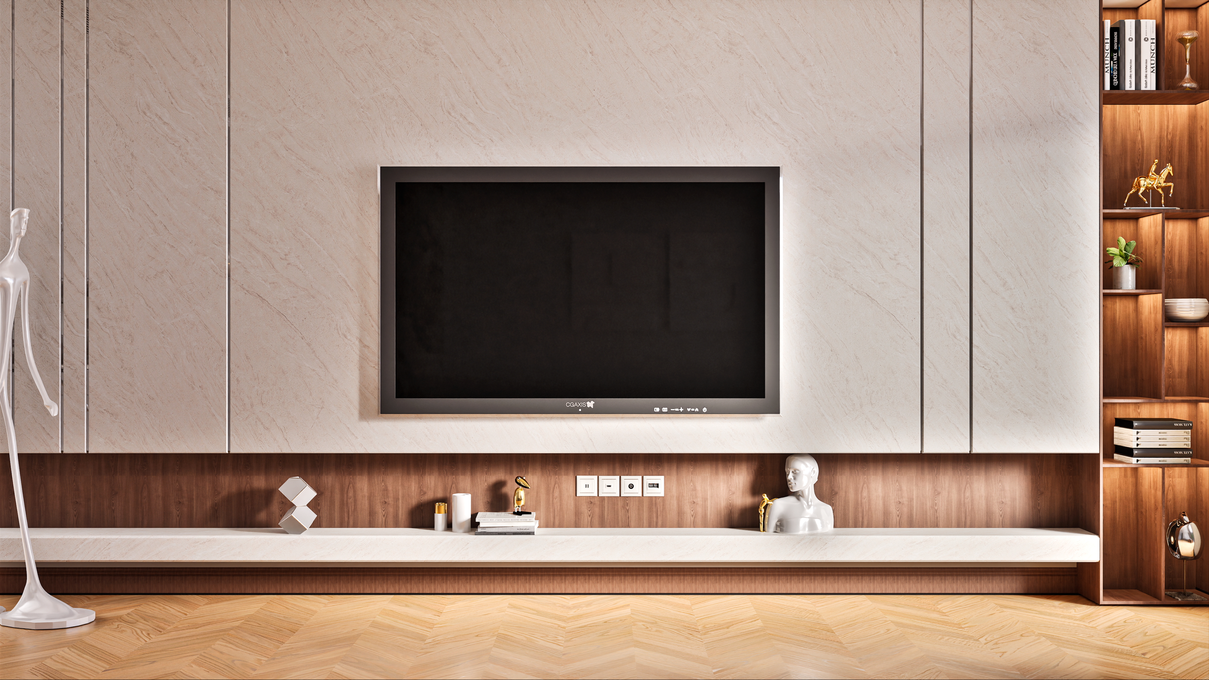 Modern TV Unit with Textured White Panels and Warm Wooden Shelving | Material Depot