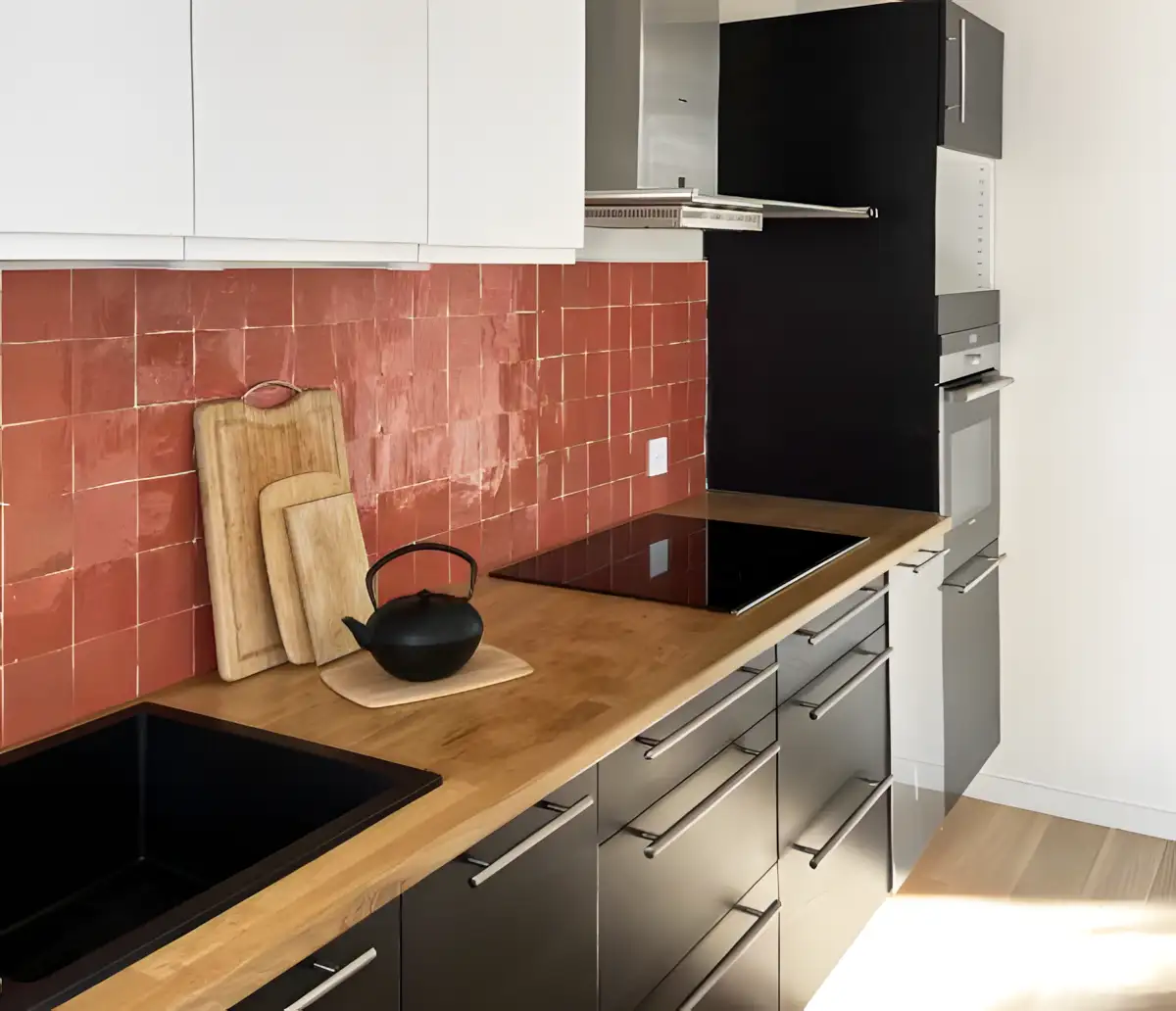 Modern Two-Tone Kitchen with Red Tile Backsplash | Material Depot