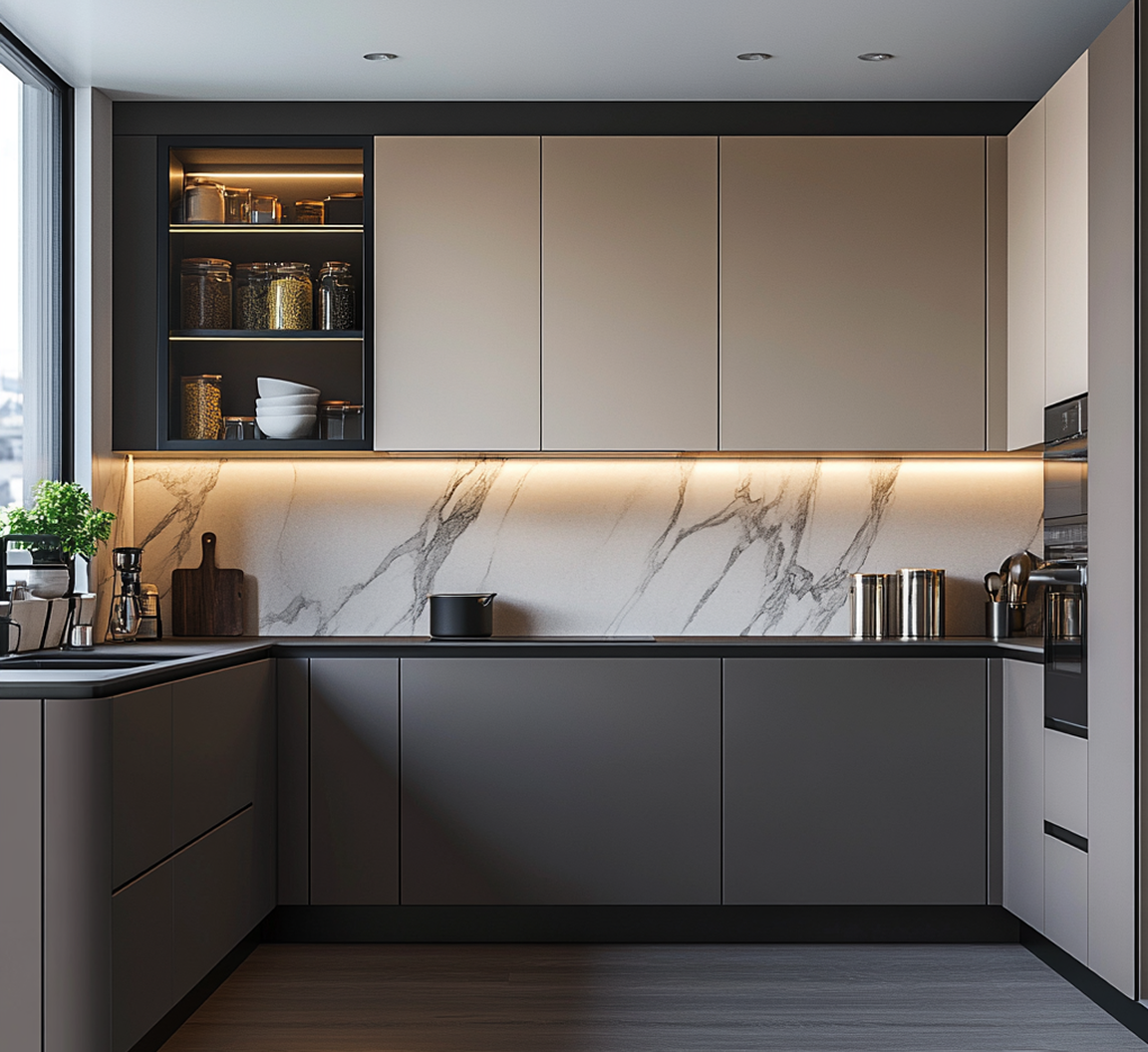 Modern U-Shaped Kitchen with Matte Cabinets and Marble Backsplash | Material Depot