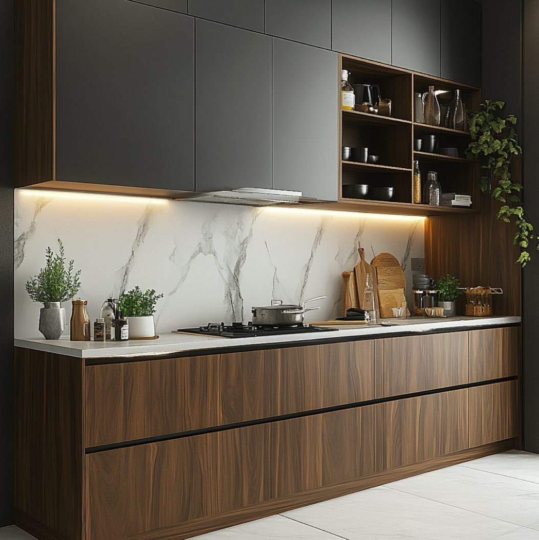 Modern Walnut Wooden Laminate Kitchen with Marble Backsplash | Material Depot