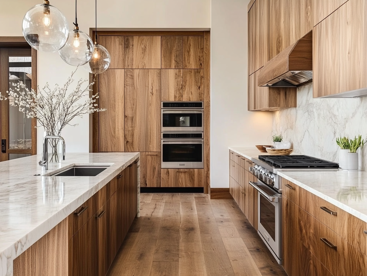 Modern Wooden Kitchen with Marble Accents and Glass Pendant Lights | Material Depot