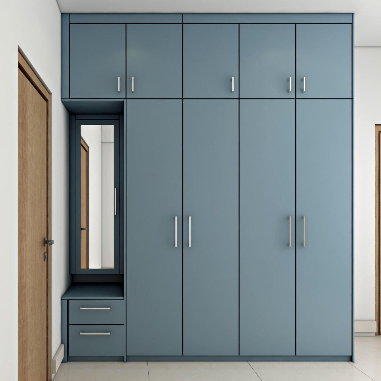 Blue wardrobe with tall mirror