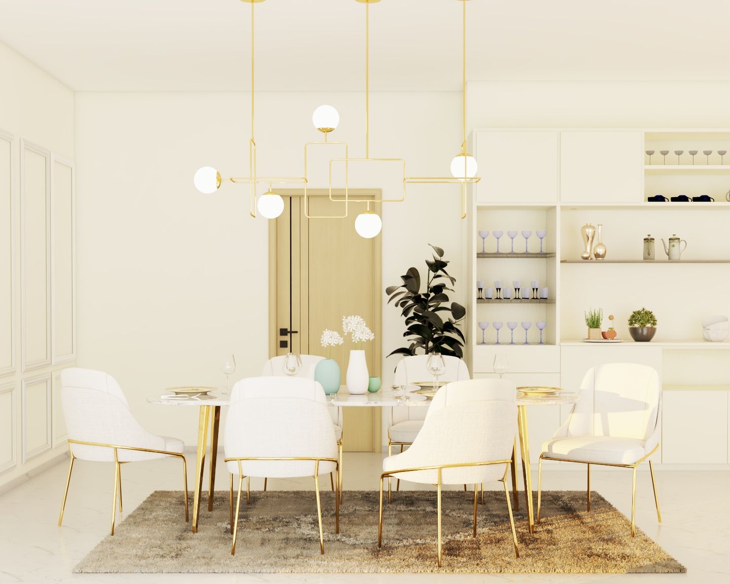 Elegant 6-seater dining room in modern golden white decor with stylish lighting