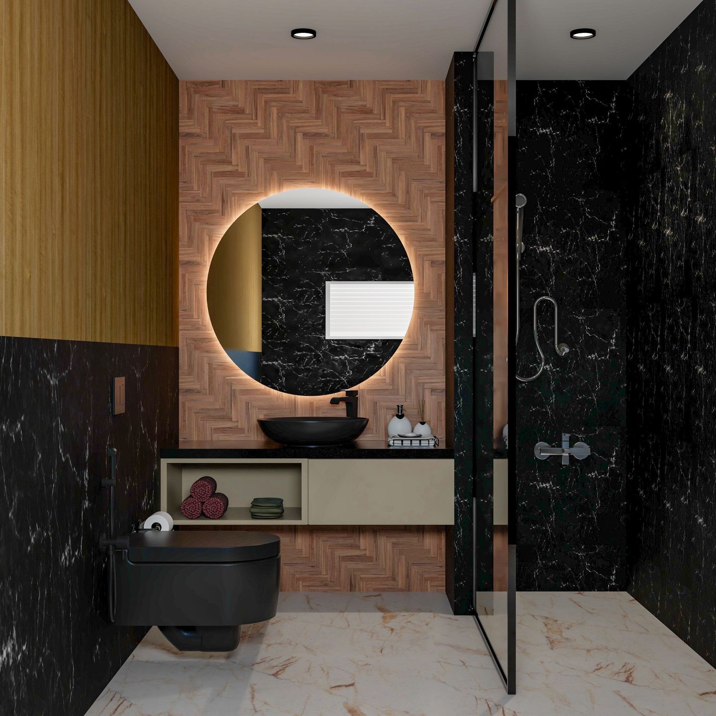 Modern bathroom with backlit mirror and stylish tiles.