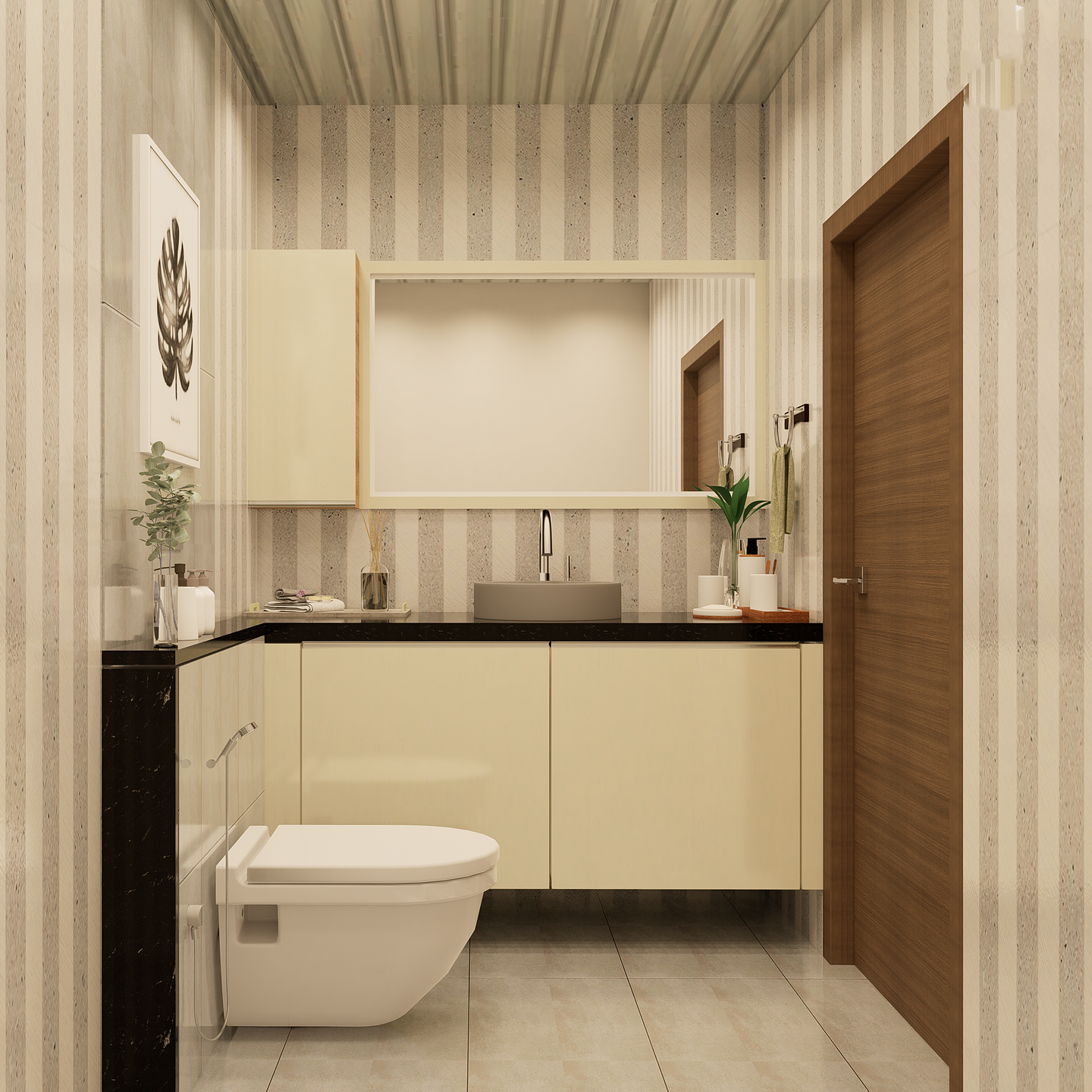 Bathroom with beige tile floor and cream laminate cabinet