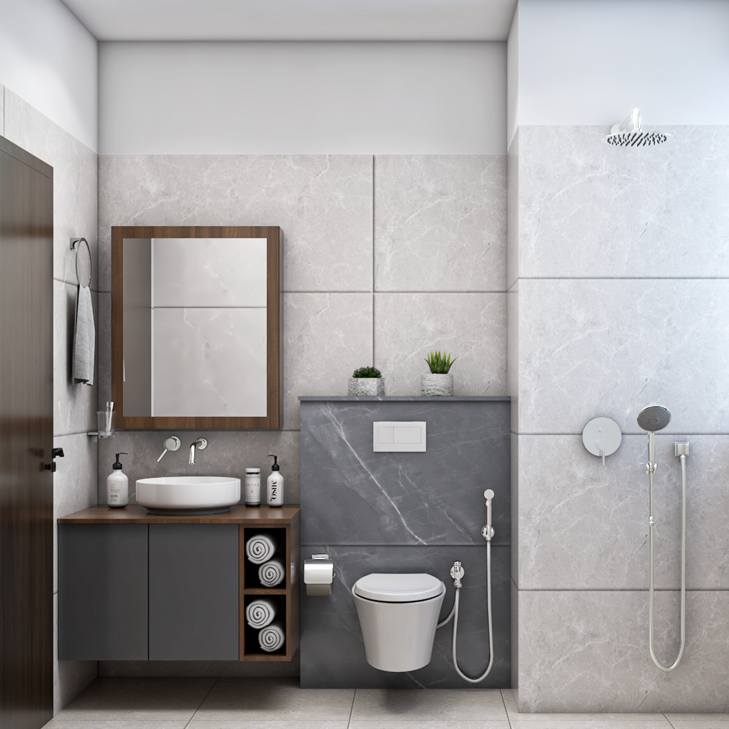 Bathroom with marble wall tiles and grey laminate cabinet