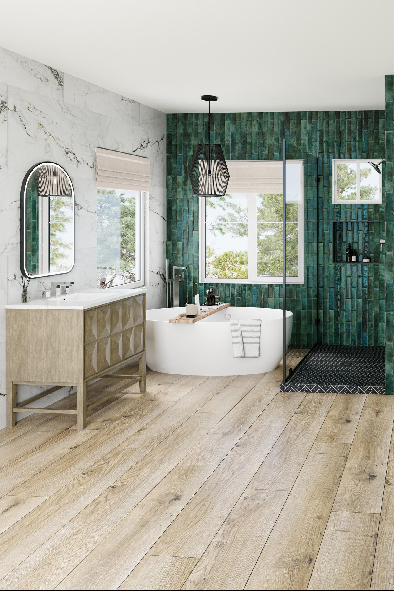 Bathroom with green wall tile and wooden floor