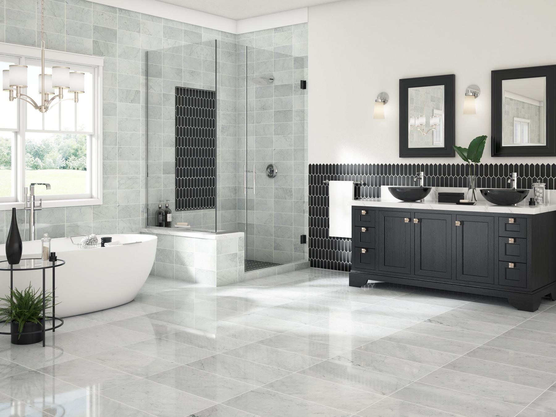 Bathroom with marble floor tiles and black laminate