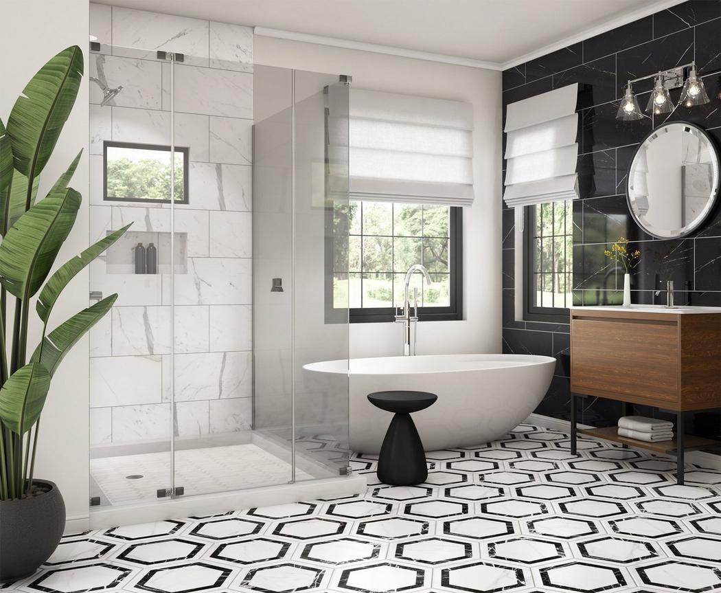 Bathroom with marble tile and wooden laminate