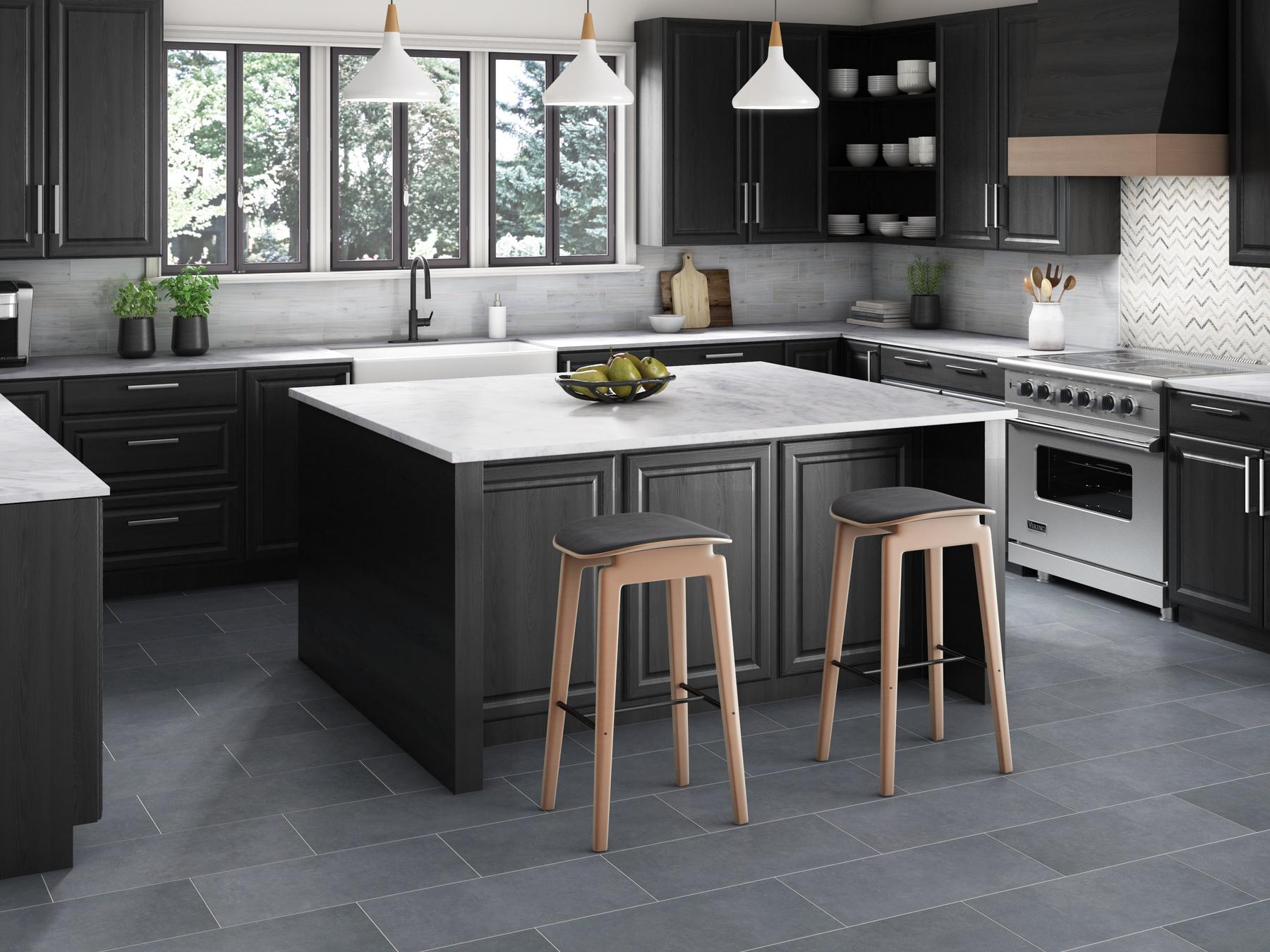 Kitchen with black laminate and grey tiles