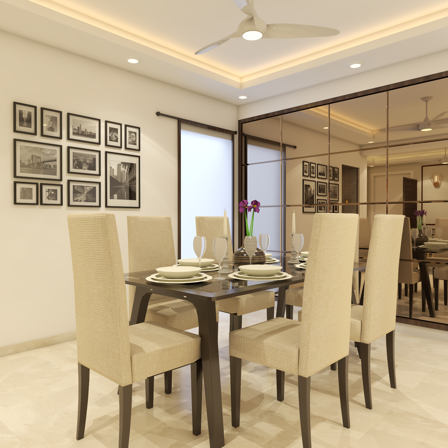 Dining area with mirror panels and beige tiles