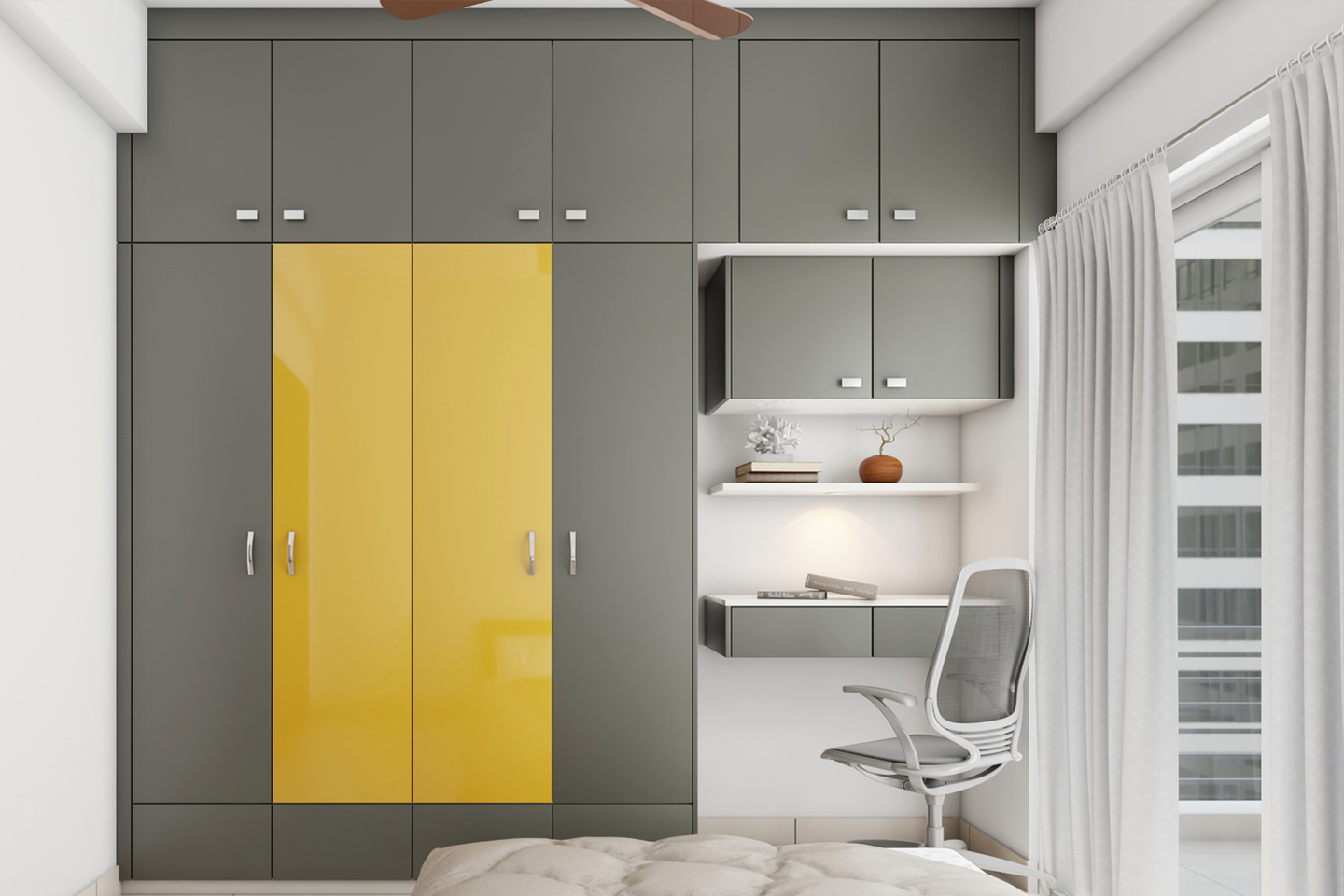 Grey & yellow wardrobe with study table