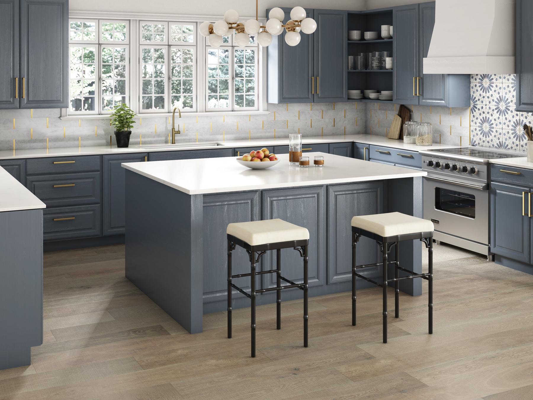 Kitchen with grey laminate white tiles and wooden floor