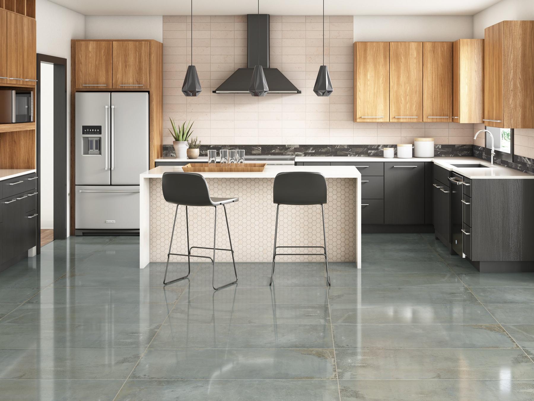 Kitchen with grey wooden finish laminate and white tiles