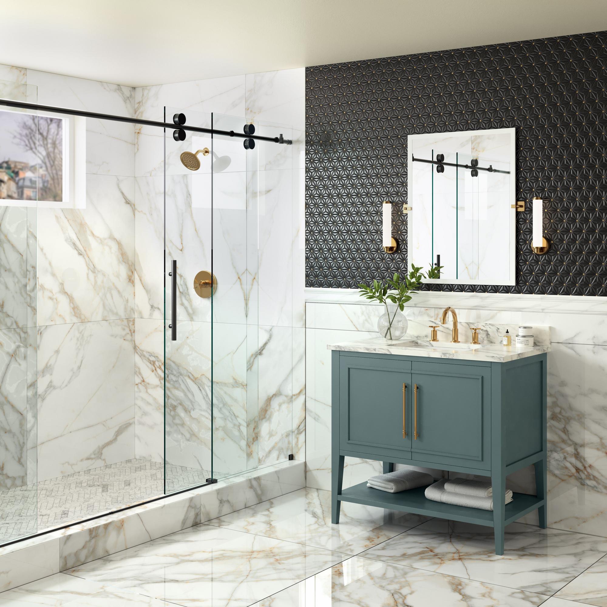 Marble tiled bathroom with green laminate cabinet