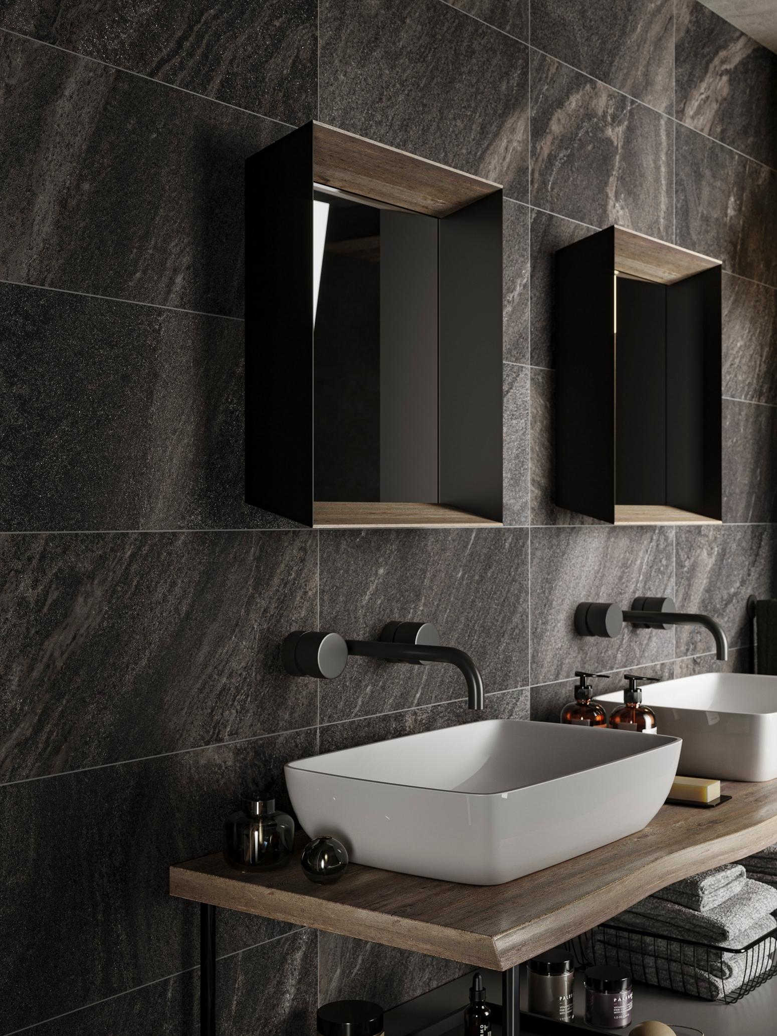 Bathroom pantry with grey tile