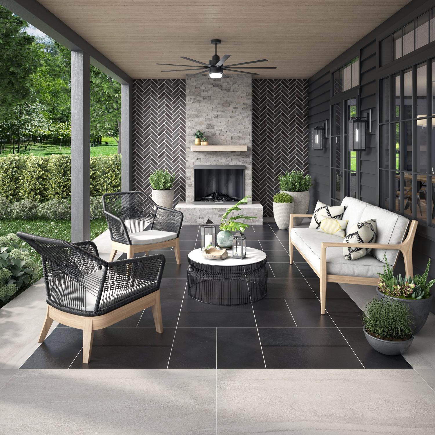 Outdoor area with patterned tiles and marble floor