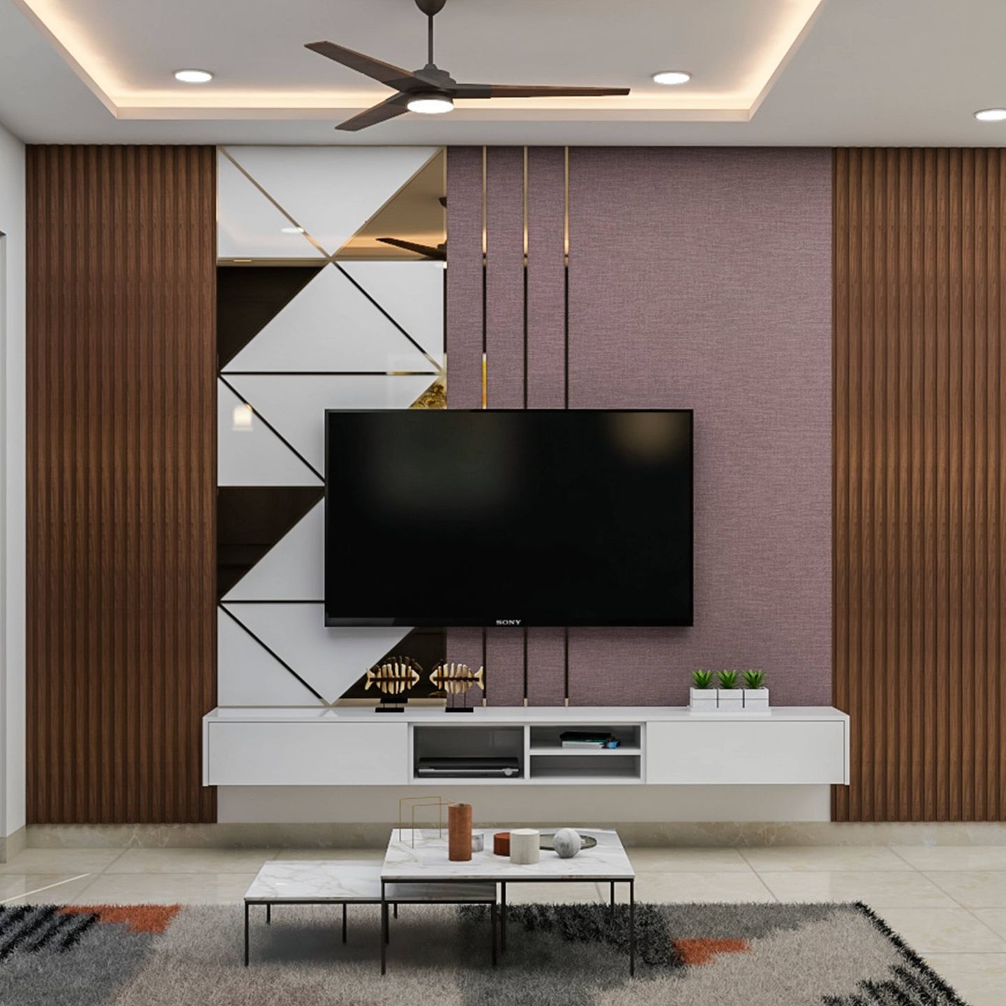 Stylish purple TV cabinet and geometric wall panel.