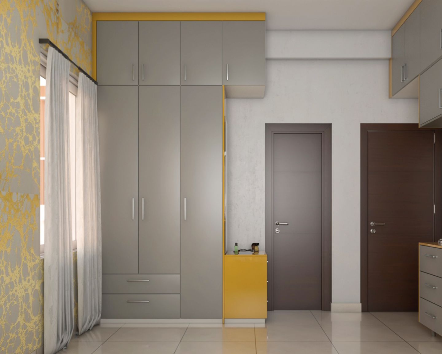 Wardrobe with grey laminates and yellow panels