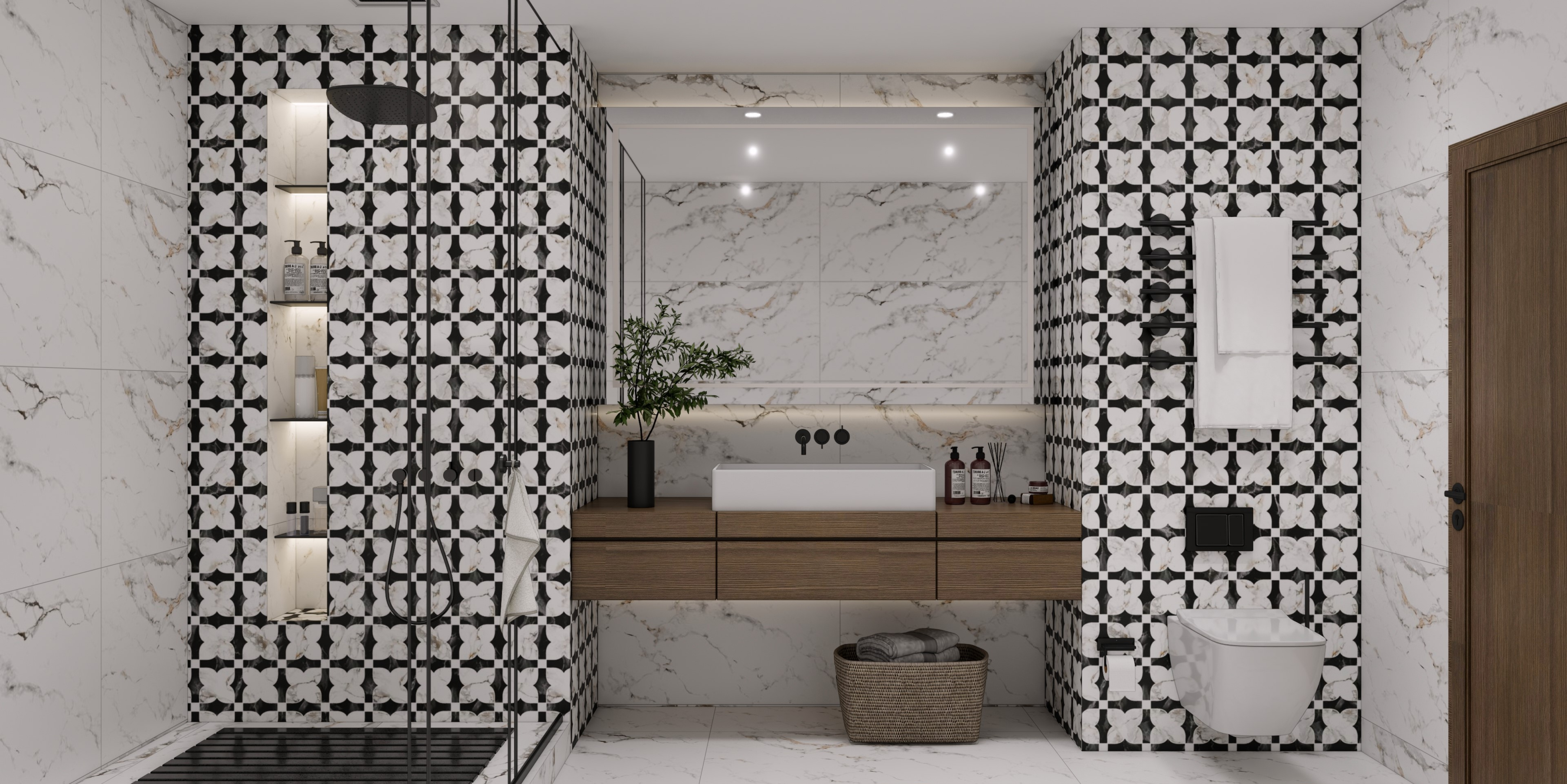 Monochrome Bathroom with Black and White Pattern Tiles | Material Depot