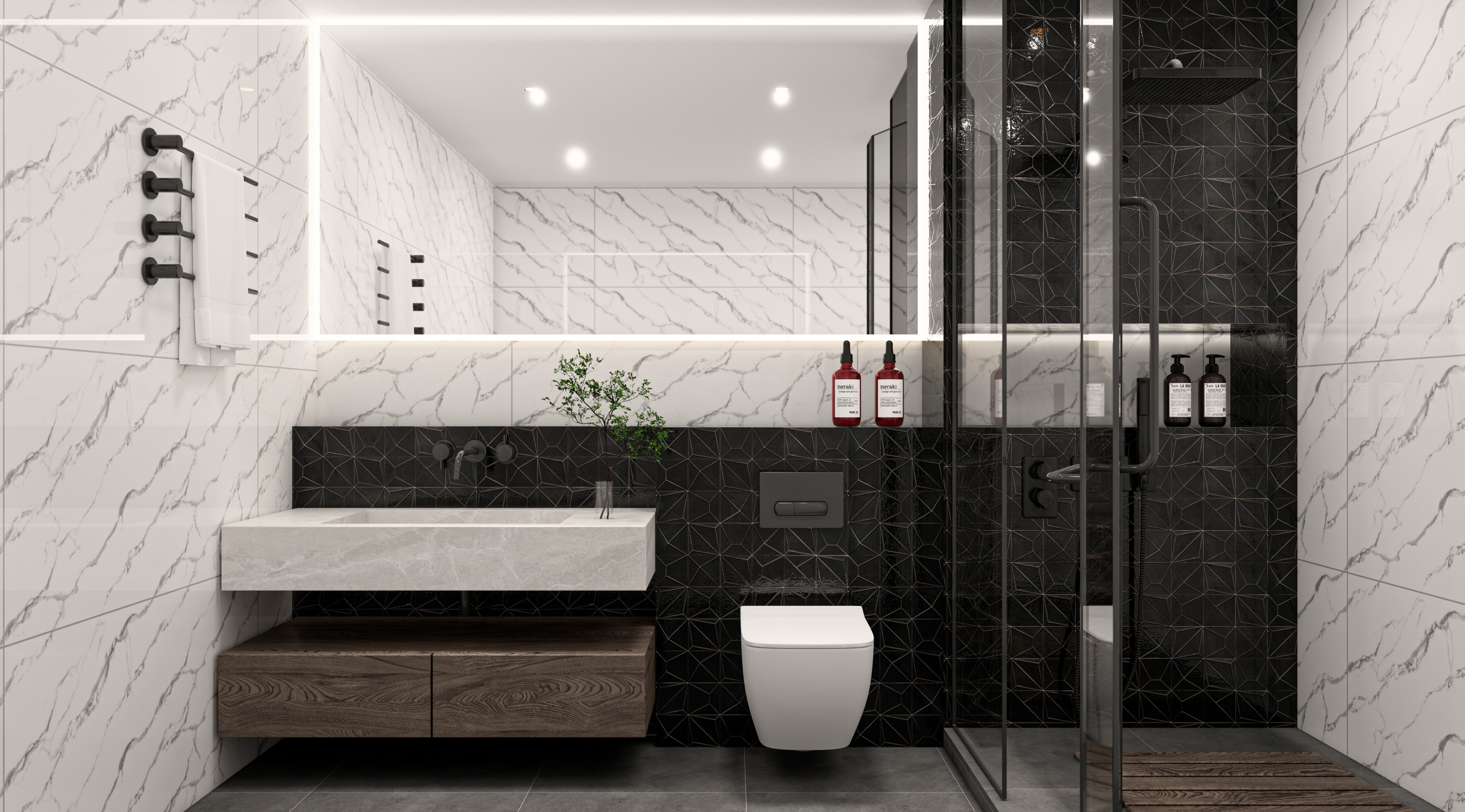 Monochrome Bathroom with Marble and Geometric Black Tiles | Material Depot