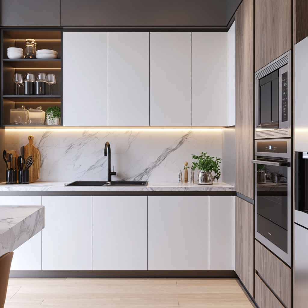 Monochrome Elegance: Subtle Luxury with Marble Highlights in a Modern Kitchen | Material Depot