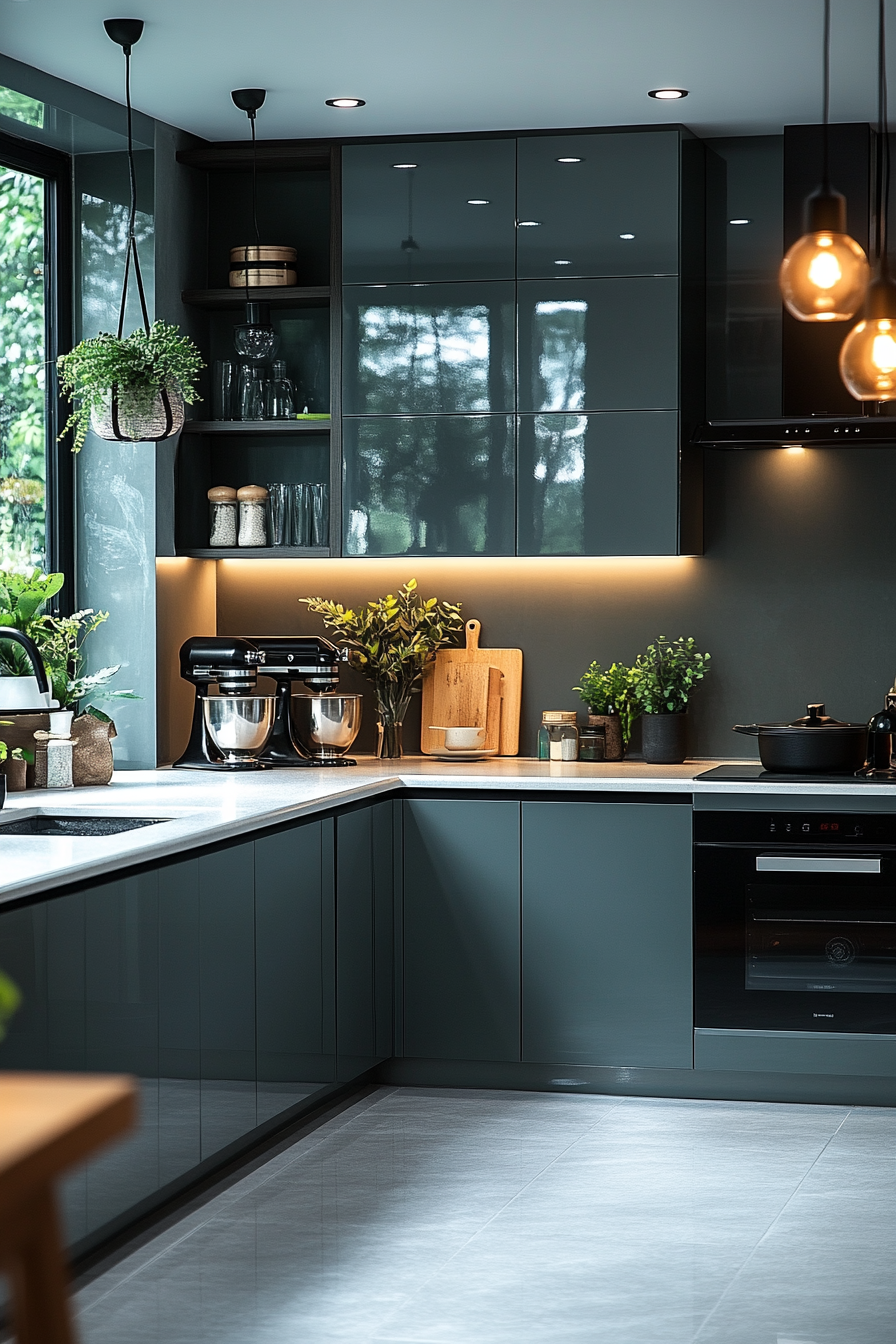 Moody and Modern Kitchen with Dark Green Glossy Cabinets, White Countertops, and Warm Lighting | Material Depot