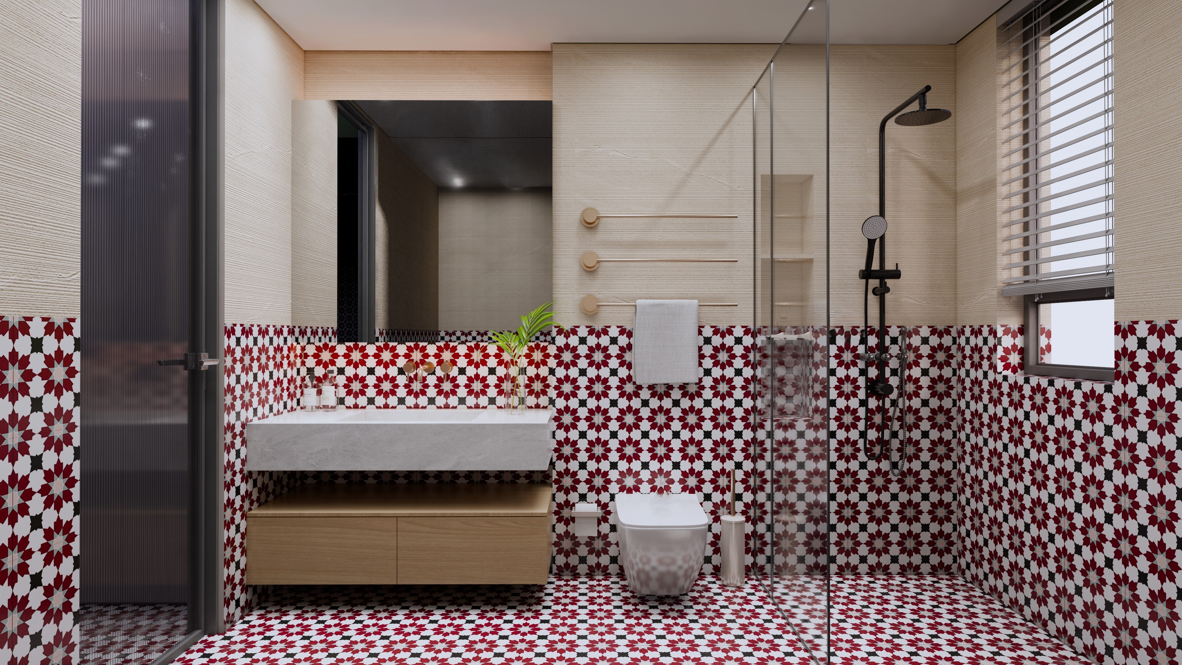 Bold Bathroom with Red and White Geometric Tiles and Warm Brass Accents | Material Depot